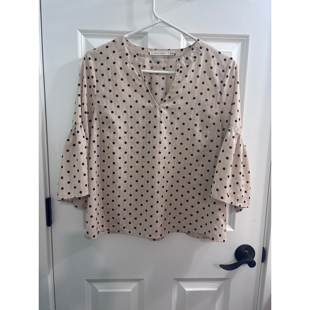 Ellison Polka Dot Bell Sleeve Blouse Beige Black V-Neck Top Size Small